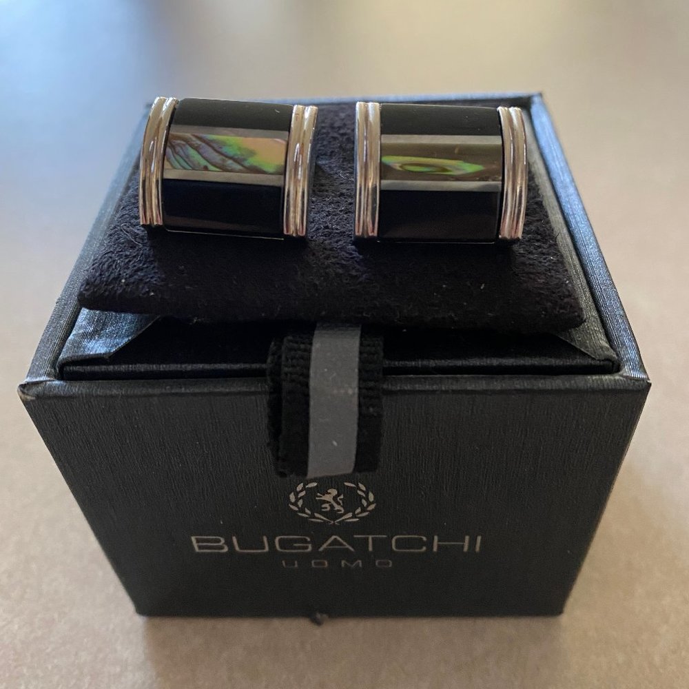 Bugatchi Rectangular Silver Tone Striped Black - image 1